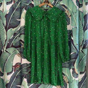 Bright green cottage core baby doll mini dress with ruffle bin collar